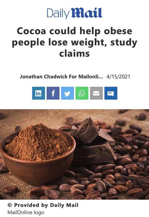 食用可可能帮助肥胖的人减肥，缓解脂肪肝！